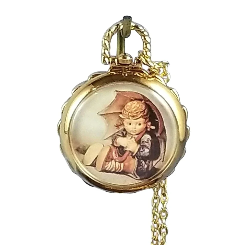 Vintage M.I. Hummel Umbrella Girl Pocket Watch‎ Necklace Gold Tone HU9003 Japan